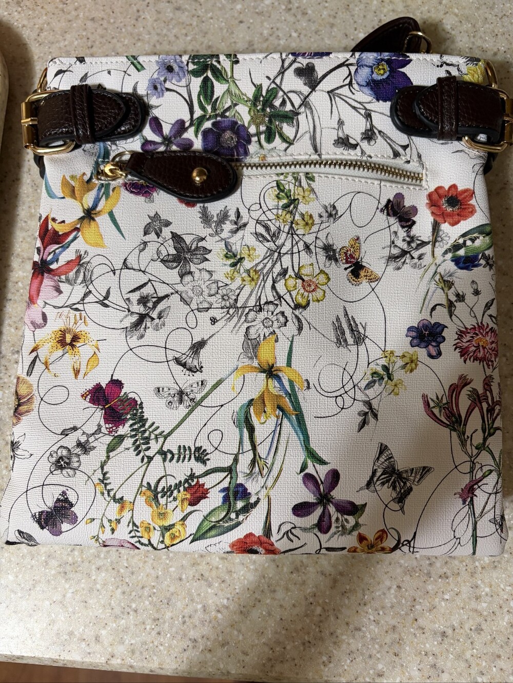 Floral Print White Crossbody Bag with Brown Handle